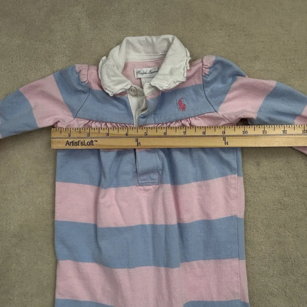 Ralph Lauren Baby Girl Romper 9M Pink Blue Striped Long Sleeve